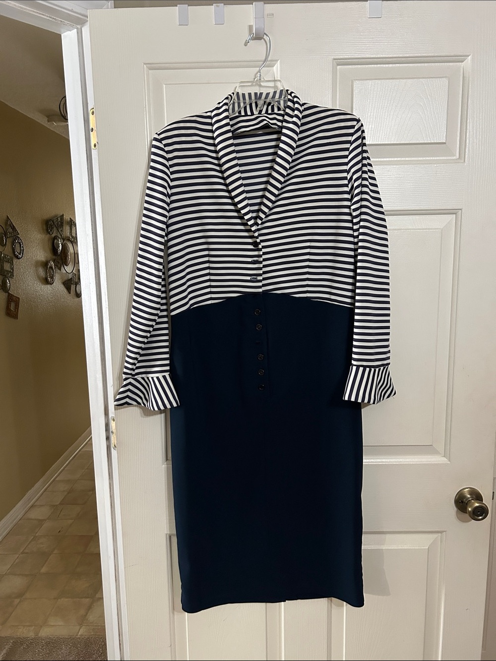 Striped Navy and White Two-Tone Sheath Dress
